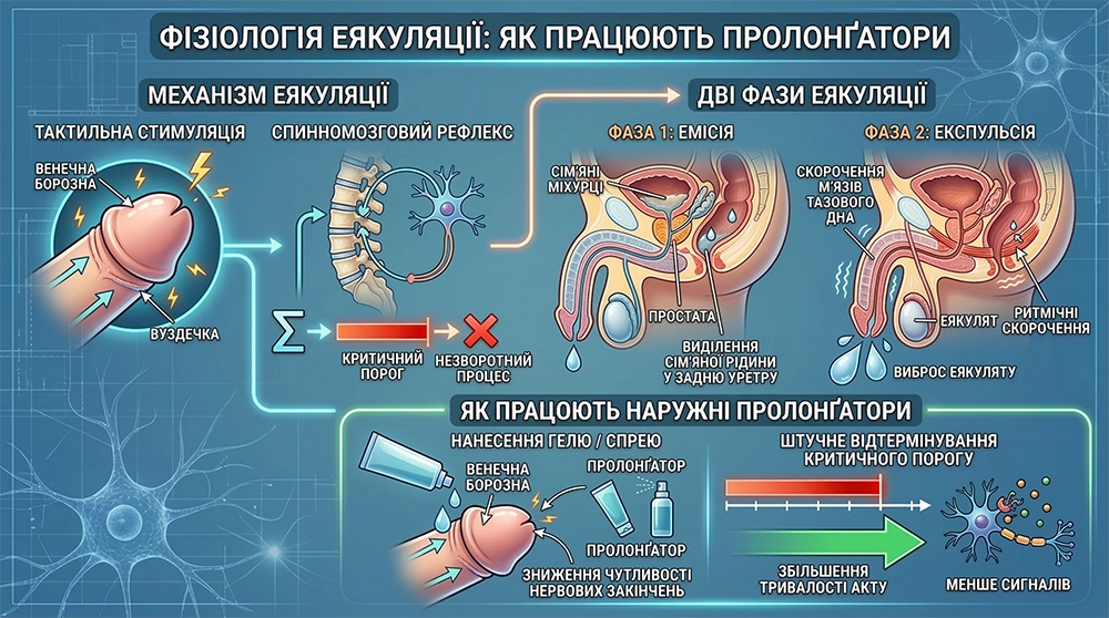 Схема: Фізіологія еякуляції та принцип дії пролонгаторів