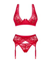 Комплект білизни Obsessive Lacelove cupless 3pcs set XS/S Red, бюстгальтер, стрінги, пояс для панчіх