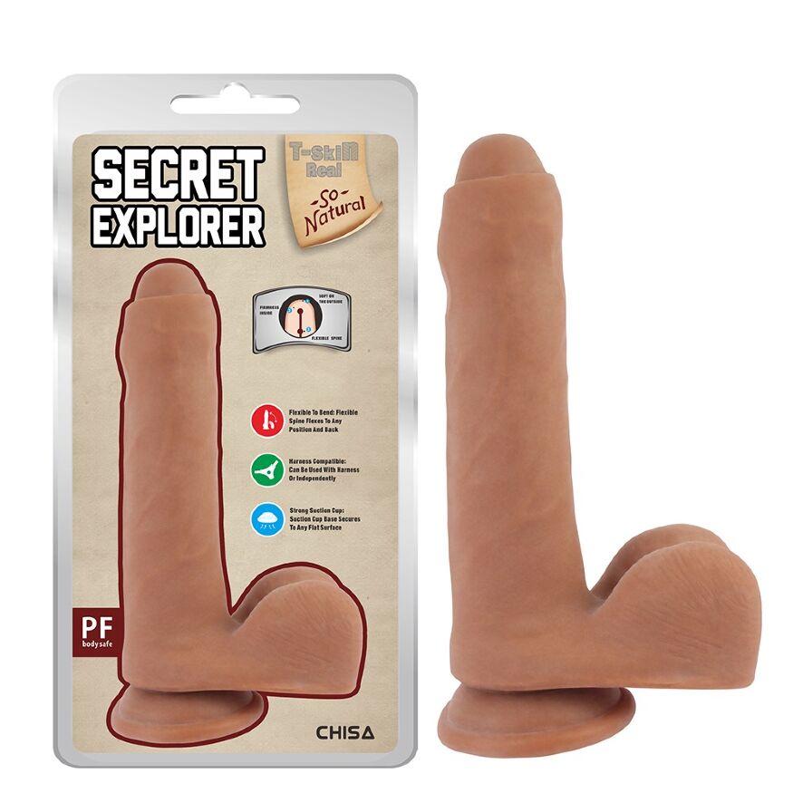 Фалоімітатор з мошонкою на присосці Chisa T-skin ReaL Secret Explorer, бежевий, 20 см