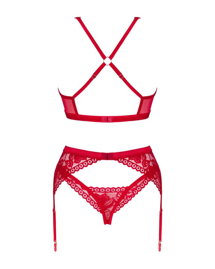 Комплект білизни Obsessive Lacelove cupless 3-pcs set M/L Red, бюстгальтер, стрінги, пояс для панчіх
