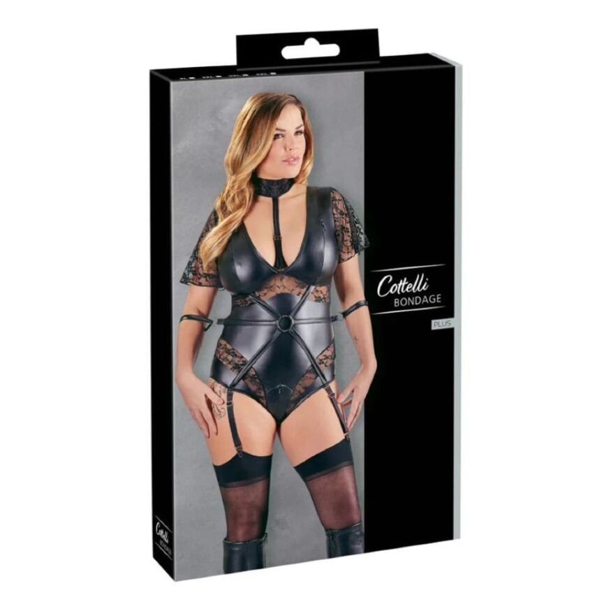 Боди с молнией на промежности Cottelli Body Bondage в БДСМ стиле, черное, 2XL