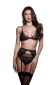 Комплект белья и пояс для чулок 3PC LACE &amp; MESH BRA, GARTER &amp; PANTY SET BLACK, QUEEN