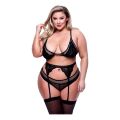 Комплект белья и пояс для чулок 3PC LACE &amp; MESH BRA, GARTER &amp; PANTY SET BLACK, QUEEN