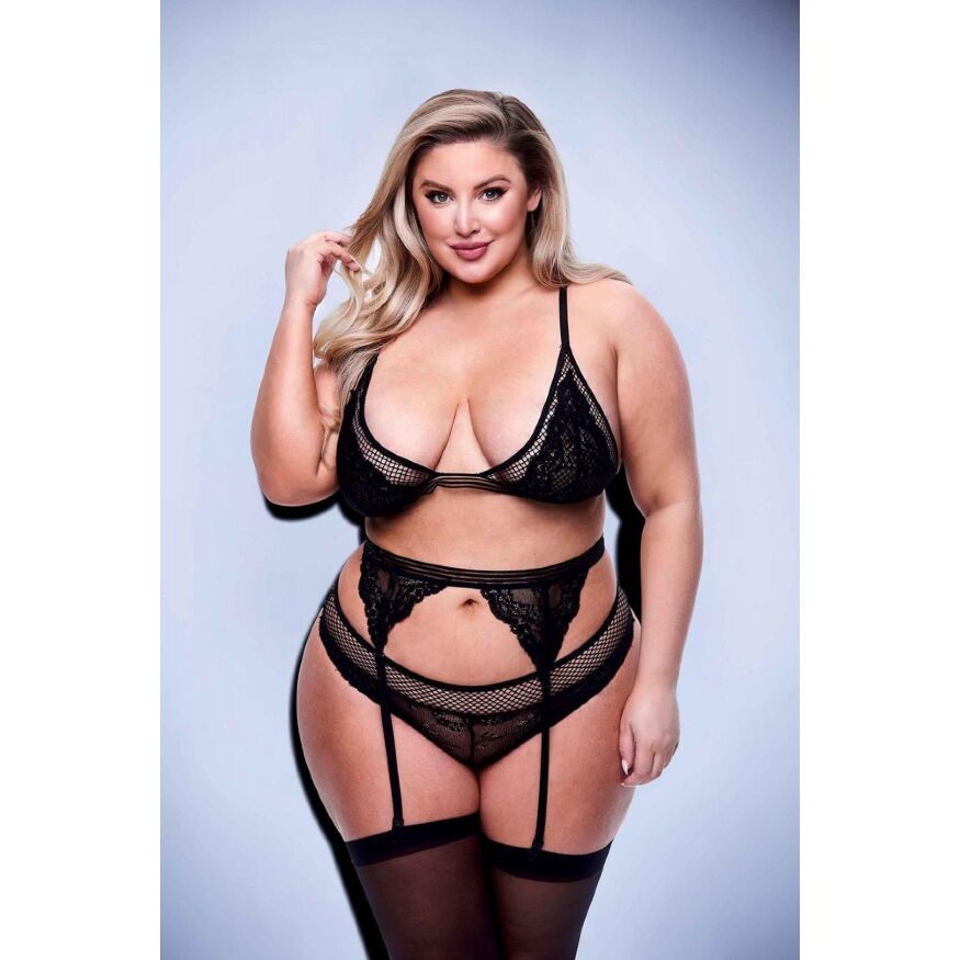 Комплект белья и пояс для чулок 3PC LACE &amp; MESH BRA, GARTER &amp; PANTY SET BLACK, QUEEN