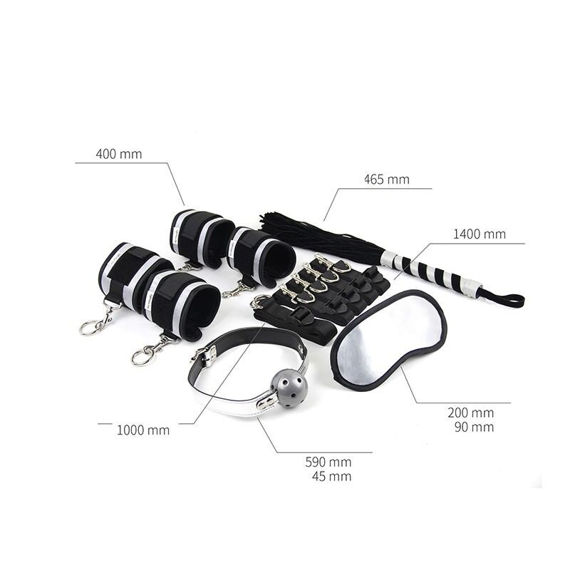 Набір БДСМ Roomfun Bedroom Restraint Kit фіксатори, батіг, кляп, маска, чорний-сірий