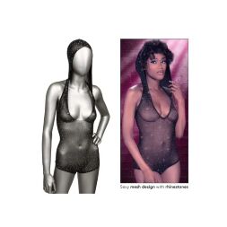 Боді-сітка в стразах із капюшоном CalExotic Hooded Deep V Bodysuit, чорний