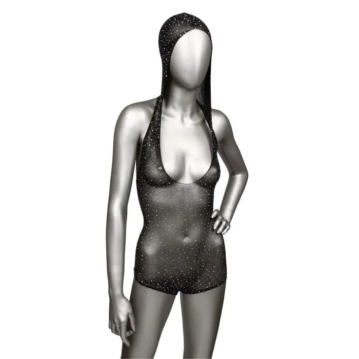 Боді-сітка в стразах із капюшоном CalExotic Hooded Deep V Bodysuit, чорний