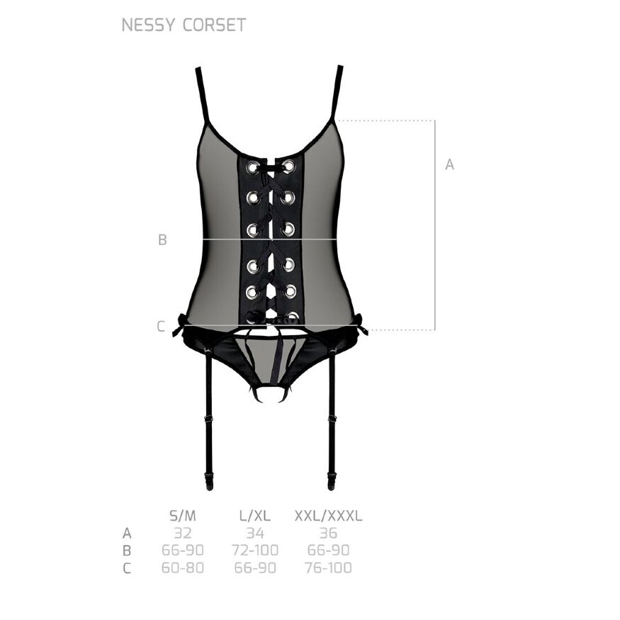 Passion Nessy Corset - эротический корсет и стринги с доступом, L/XL (чёрный)