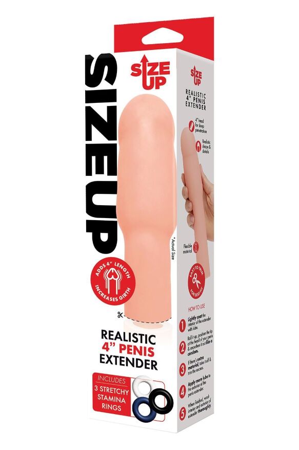 Насадка на пенис Size-Up Penis Extender с 3 эрекционными кольцами в наборе, бежевая