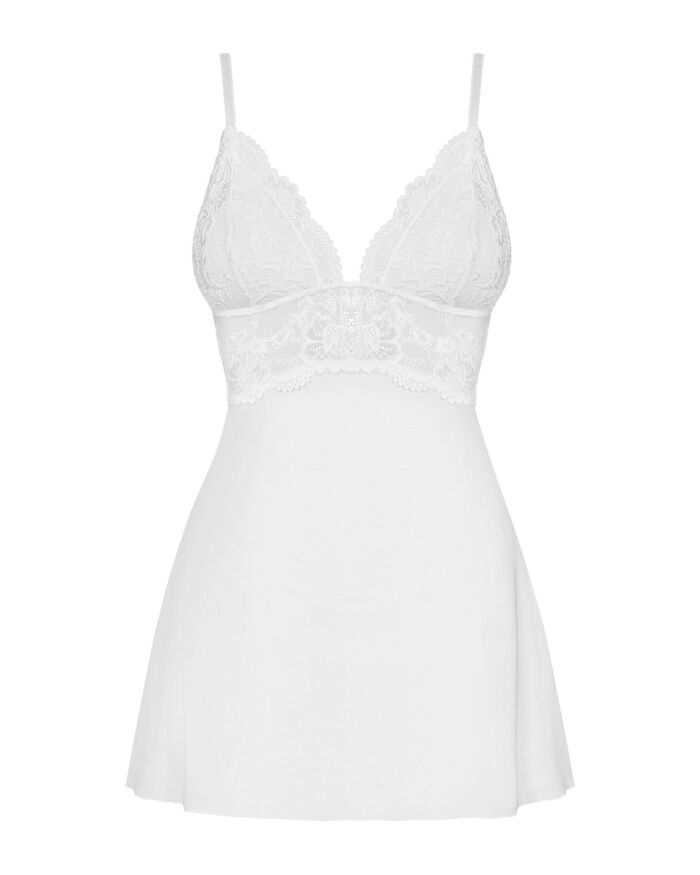 Сатиновий пеньюар із мереживом Obsessive 810-BAB-2 babydoll &amp; thong S/M, білий, пеньюар, танга