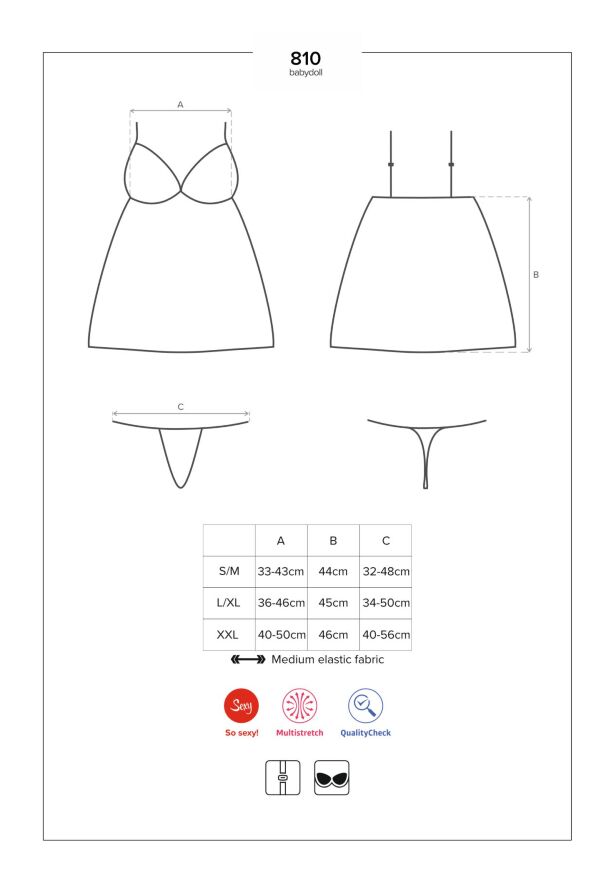 Сатиновий пеньюар із мереживом Obsessive 810-BAB-2 babydoll &amp; thong S/M, білий, пеньюар, танга