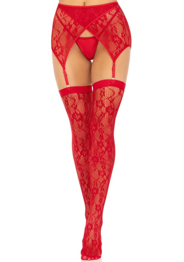 Комплект Leg Avenue Lace thigh highs &amp; garterbelt, One Size, червоний, панчохи та пояс з пажами