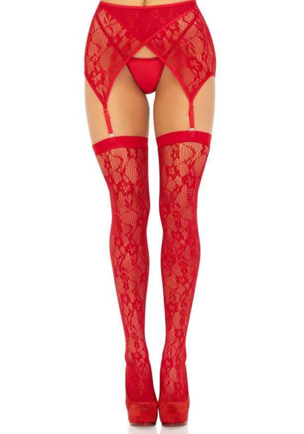Комплект Leg Avenue Lace thigh highs &amp; garterbelt, One Size, червоний, панчохи та пояс з пажами