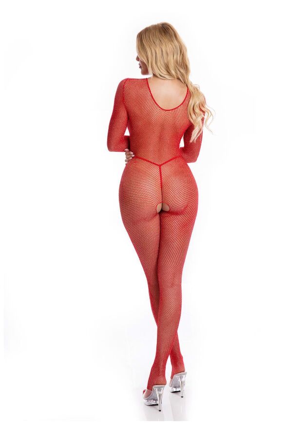 Бодистокинг - Pink Lipstick Lingerie Risque Crotchless Bodystocking Red, S/M