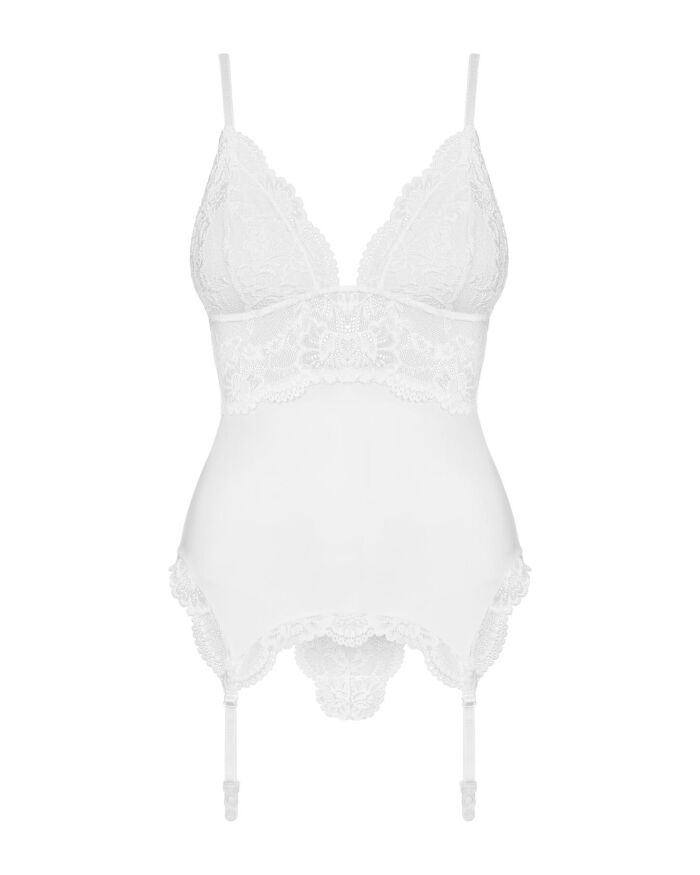 Сатиновий мереживний корсет Obsessive 810-COR-2 babydoll &amp; thong S/M, білий, корсет, танга