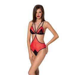 Passion Peonia Body - Эротическое боди из тюля с кружевом, L/XL (красный с чёрным)