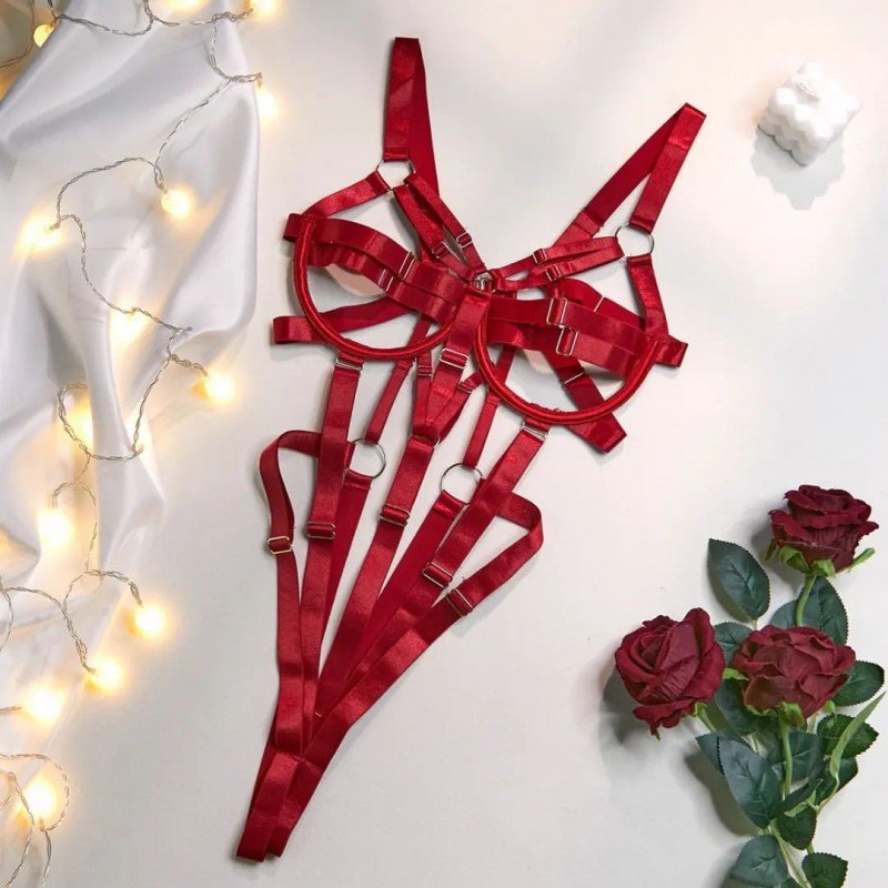 Эротический открытый боди с ремнями "Aisha", red S