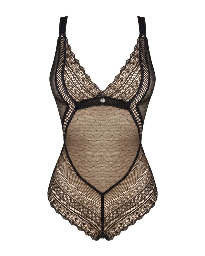 Мереживне боді з декольте Obsessive Estiqua teddy M/L, чорне, широкі лямки
