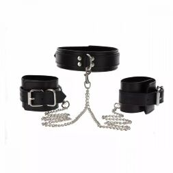 Широкий нашийник з наручниками та ланцюгом Taboom Luxury Bondage Essentials, чорний