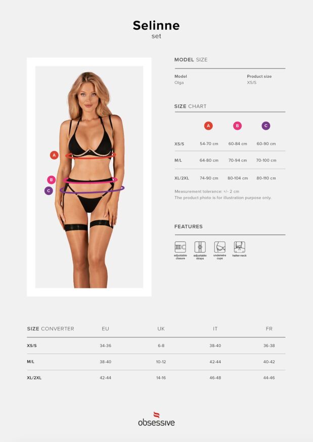 Obsessive Selinne 3-pcs set - комплект эротического белья с поясом для чулок, M/L (чёрный)