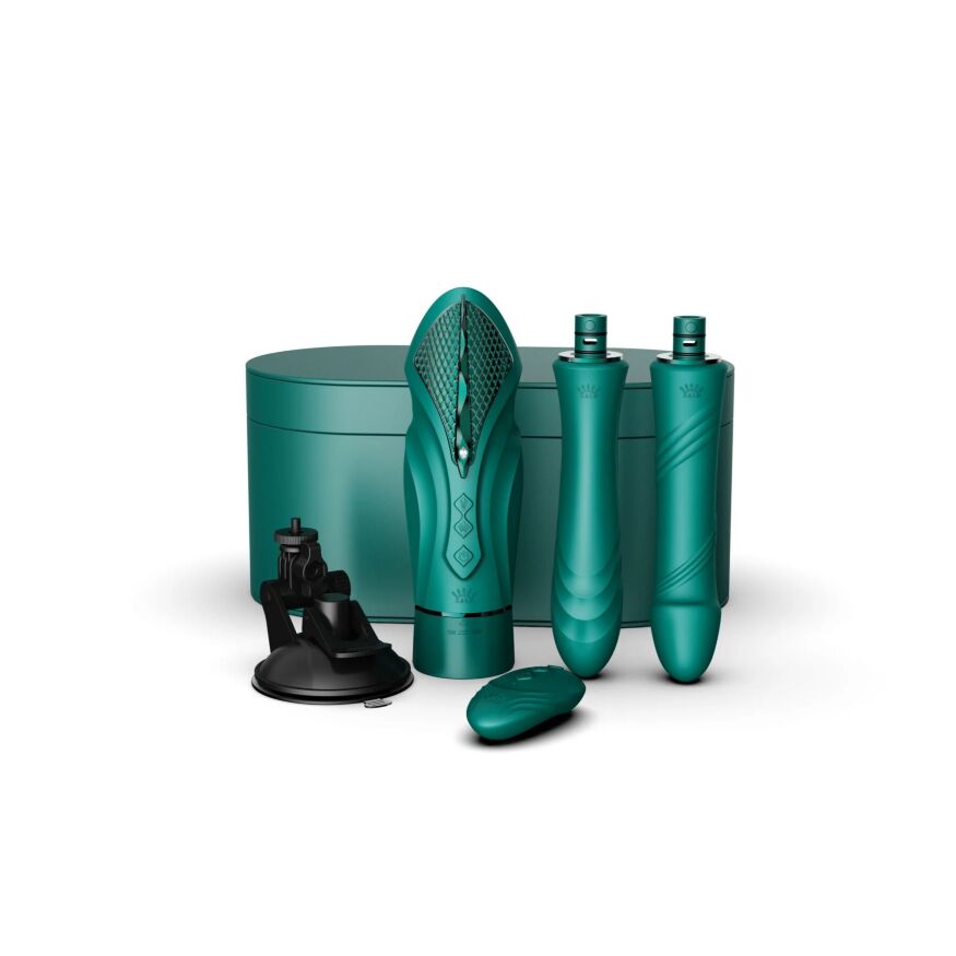 Компактная смарт секс-машина Zalo – Sesh Turquoise Green, 2 насадки, пульт ДУ, кристалл Swarovski