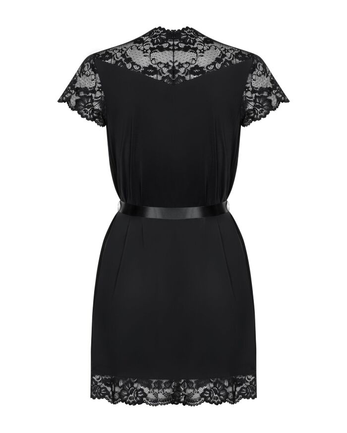 Сатиновий відкритий пеньюар на поясі Obsessive 810-PEI - 1 peignoir black L/XL, чорний