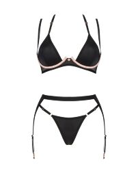 Комплект білизни Obsessive Selinne 3-pcs set XL/2XL Black, бюстгальтер, стрінги пояс для панчіх