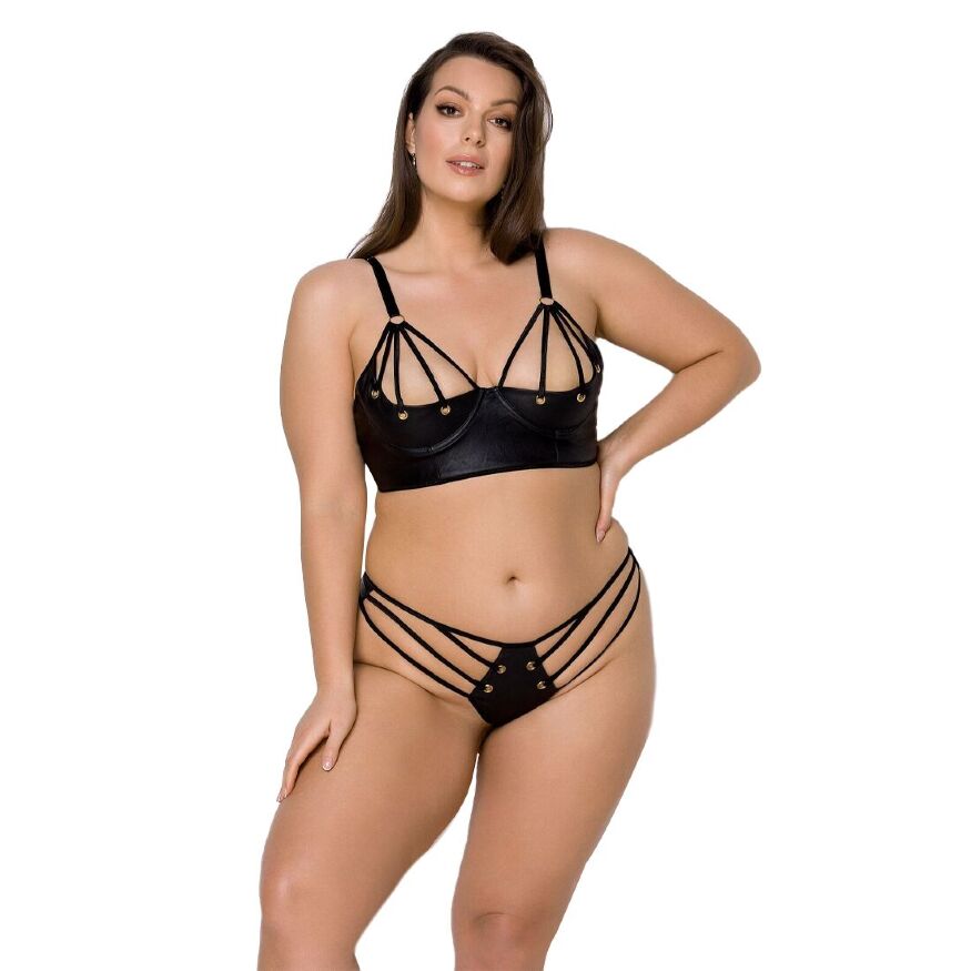 Комплект из эко-кожи с люверсами и ремешками Malwia Bikini black 4XL/5XL — Passion, бра и трусики