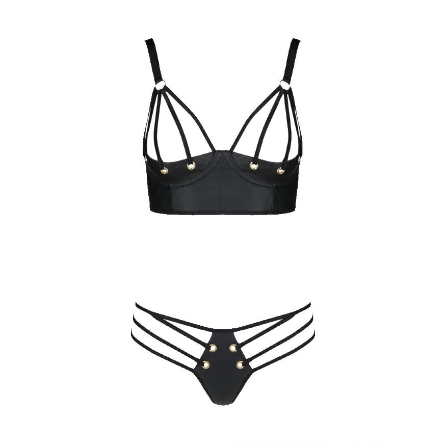 Комплект из эко-кожи с люверсами и ремешками Malwia Bikini black 4XL/5XL — Passion, бра и трусики