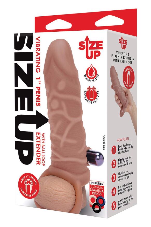 Насадка на пенис с вибропулей и 3 кольцами Size-Up реалистичная, 15 см