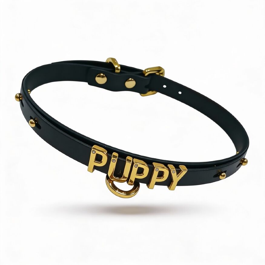 Чокер с надписью PUPPY от UPKO из итальянской кожи, чёрный с золотой фурнитурой