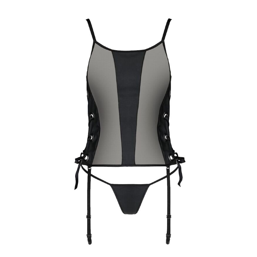 Сетчатый корсет из эко-кожи, с люверсами и съемными пажами Malwia Corset black 6XL/7XL — Passion