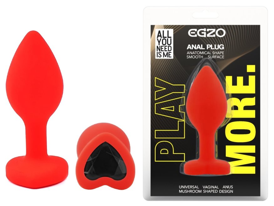 Силиконовая анальная пробка EGZO - Silicone Red Heart Plug Black, size S