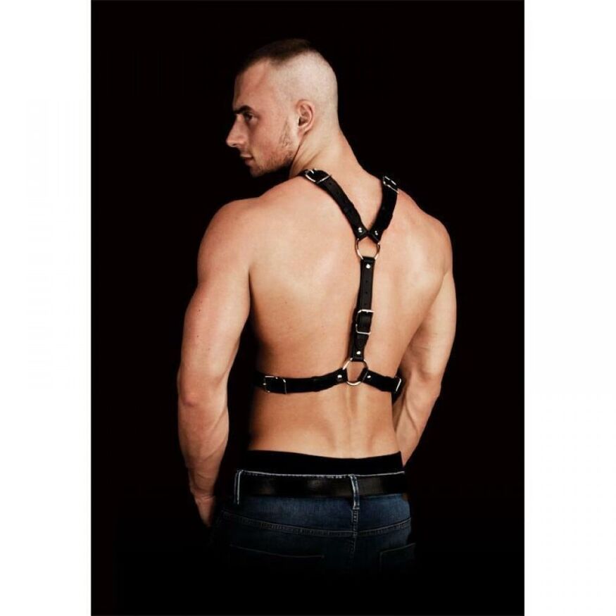 91196 / OU256BLK Мужская портупея на грудь с металлическими заклепками Ouch!, кожаная, черная