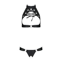 Комплект із екошкіри Passion MALWIA SET with Open Bra 4XL/5XL black, топ та трусики з люверсами