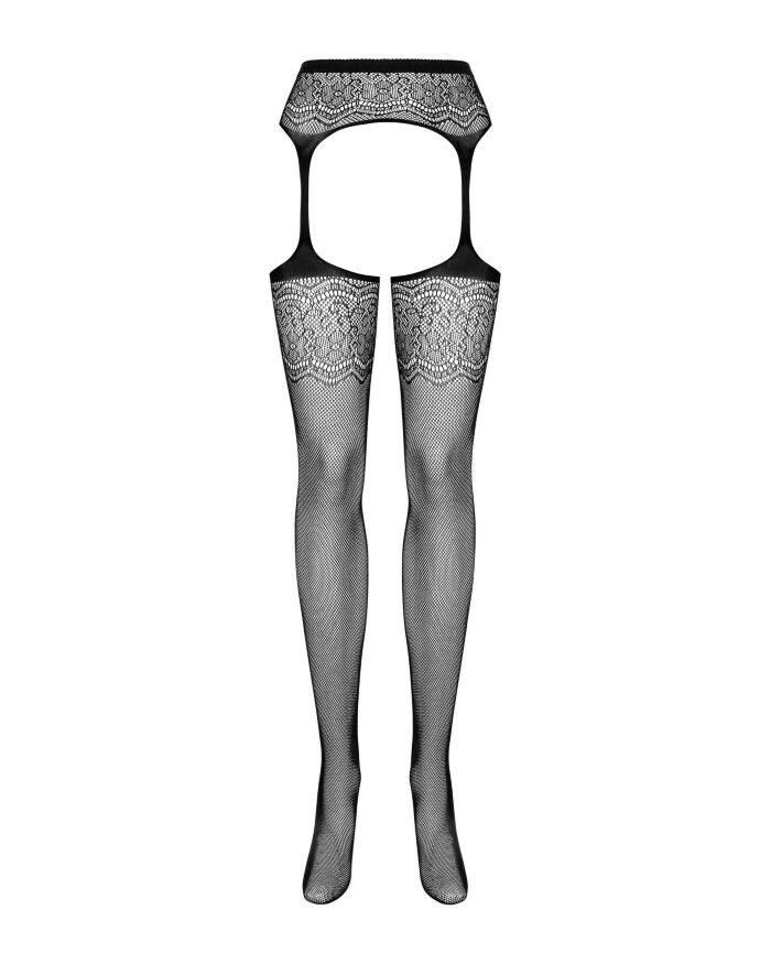Сітчасті панчохи-стокінги з квітковим малюнком Obsessive Garter stockings S207 XL/XL, чорні, імітаці