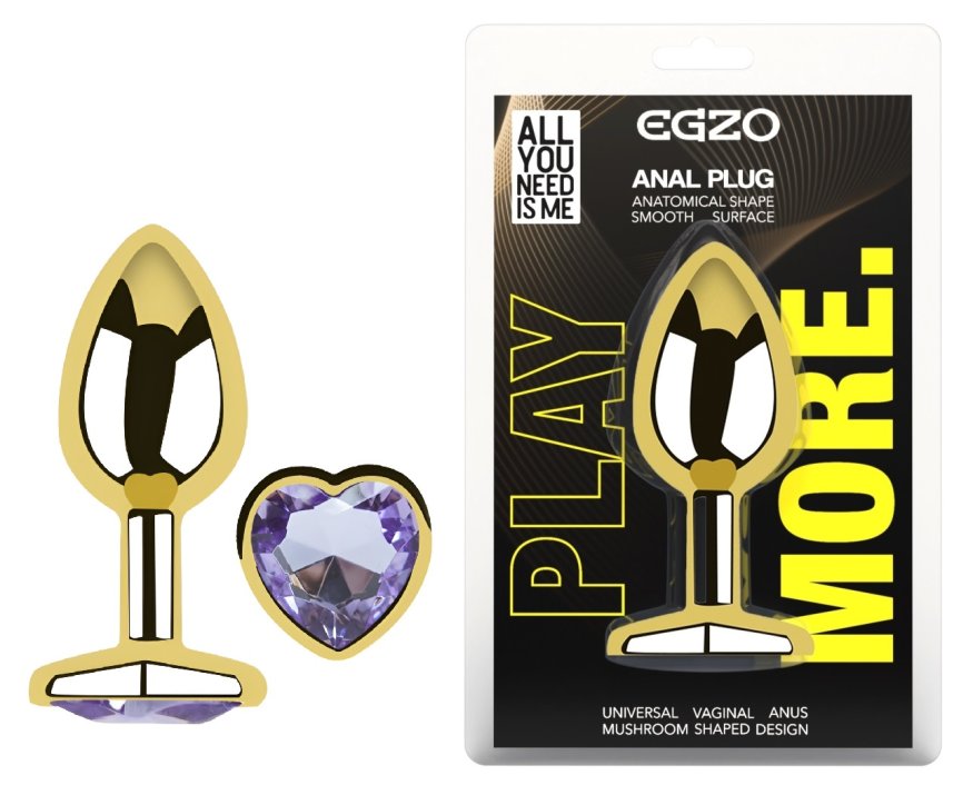 Анальная пробка с кристаллом EGZO - Gold Heart Plug Amethyst size S