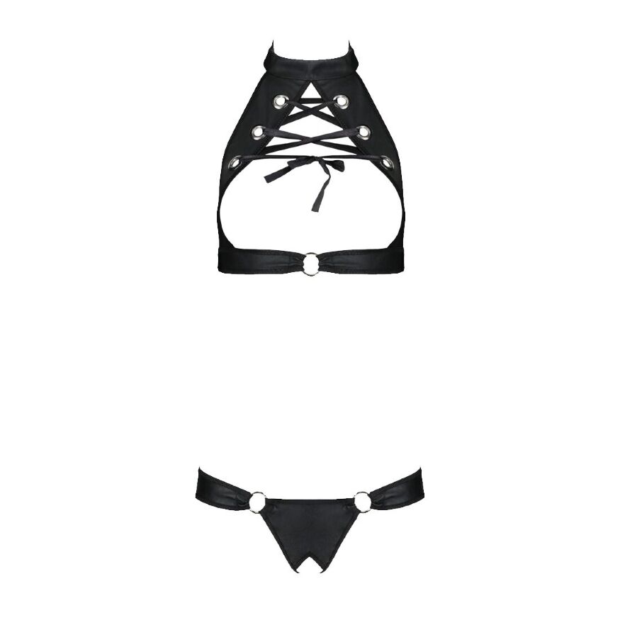 Комплект із екошкіри Passion MALWIA SET with Open Bra 6XL/7XL black, топ та трусики з люверсами
