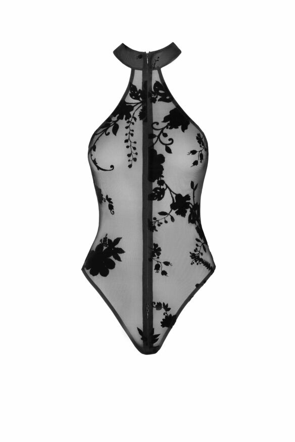 Боді напівпрозоре, F314 Ego Noir Handmade, з блискавкою, з квітковим візерунком, чорне, розмір S