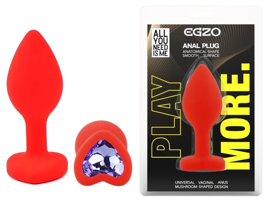 Силиконовая анальная пробка EGZO - Silicone Red Heart Plug Amethyst, size S