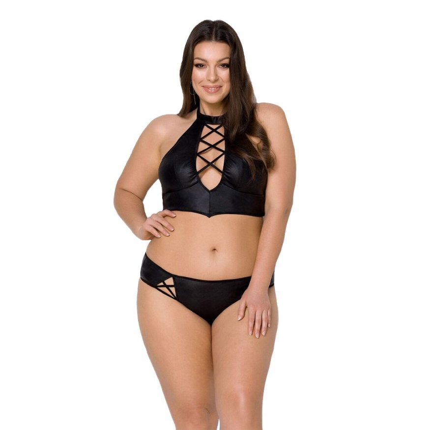 Комплект из эко-кожи Nancy Bikini black 4XL/5XL - Passion, бра и трусики с имитацией шнуровки
