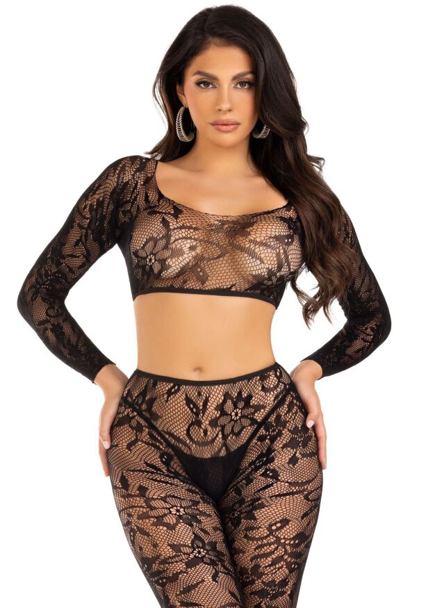 Комплект Leg Avenue Crop top &amp; footless tights, One Size, чорний, кроп-топ та колготки без стопи