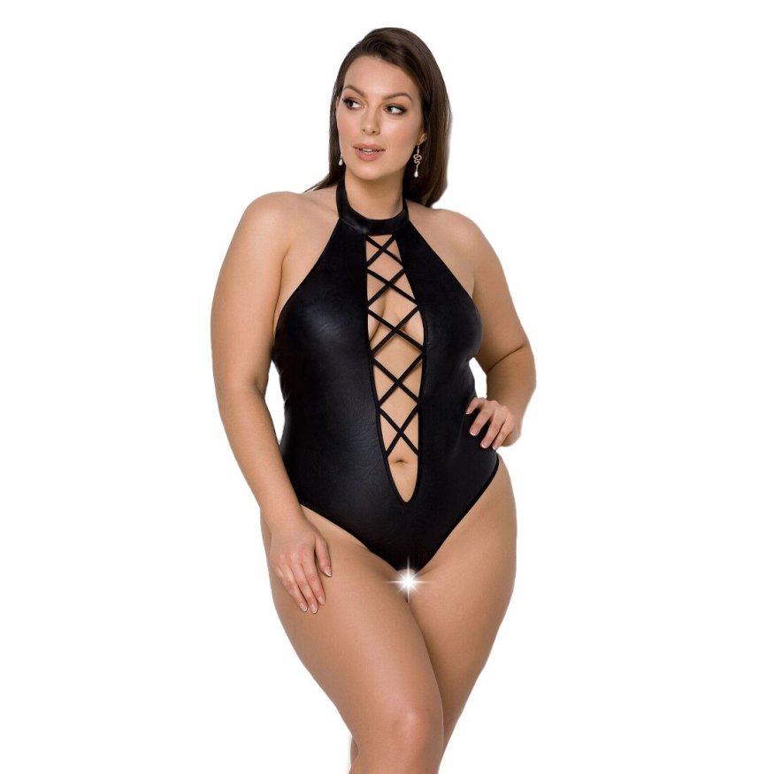 Боди из эко-кожи с имитацией шнуровки и открытым доступом Nancy Body black 4XL/5XL - Passion