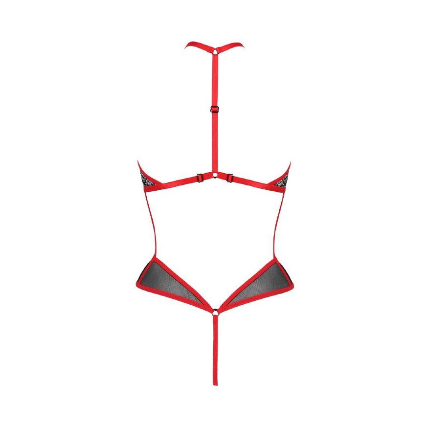 Passion Satara Body red - эротическое боди с кружевом и окантовкой, L/XL (чёрный с красным)