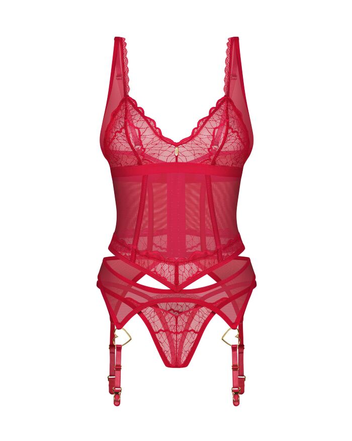 Корсет с пажами для чулок и стринги Obsessive Cupide Desir красный, S/M
