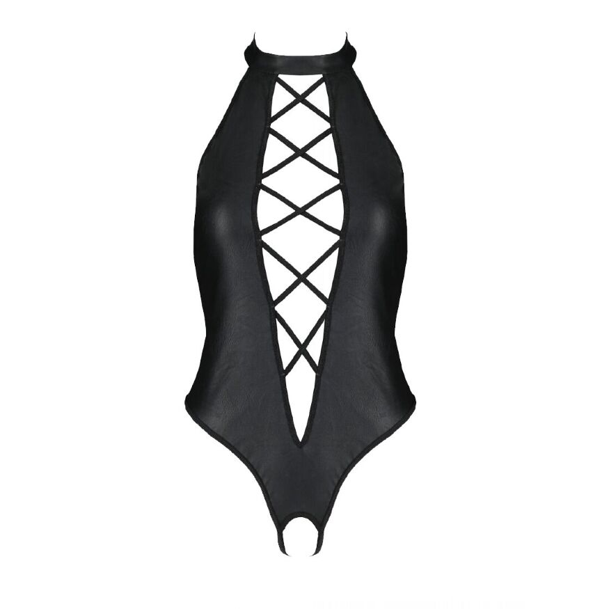 Боди из эко-кожи с имитацией шнуровки и открытым доступом Nancy Body black 6XL/7XL - Passion