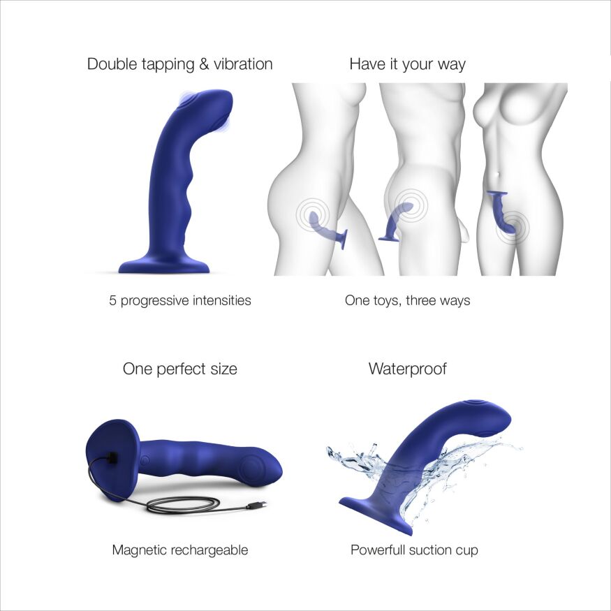 Насадка для страпона з подвійною точковою пульсацією Strap-On-Me TAPPING DILDO WAVE  -  NIGHT BLUE, М