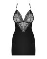 Сатиновий комплект для сну з мереживом Obsessive 828-CHE-1 chemise &amp; thong L/XL, чорний, сорочка