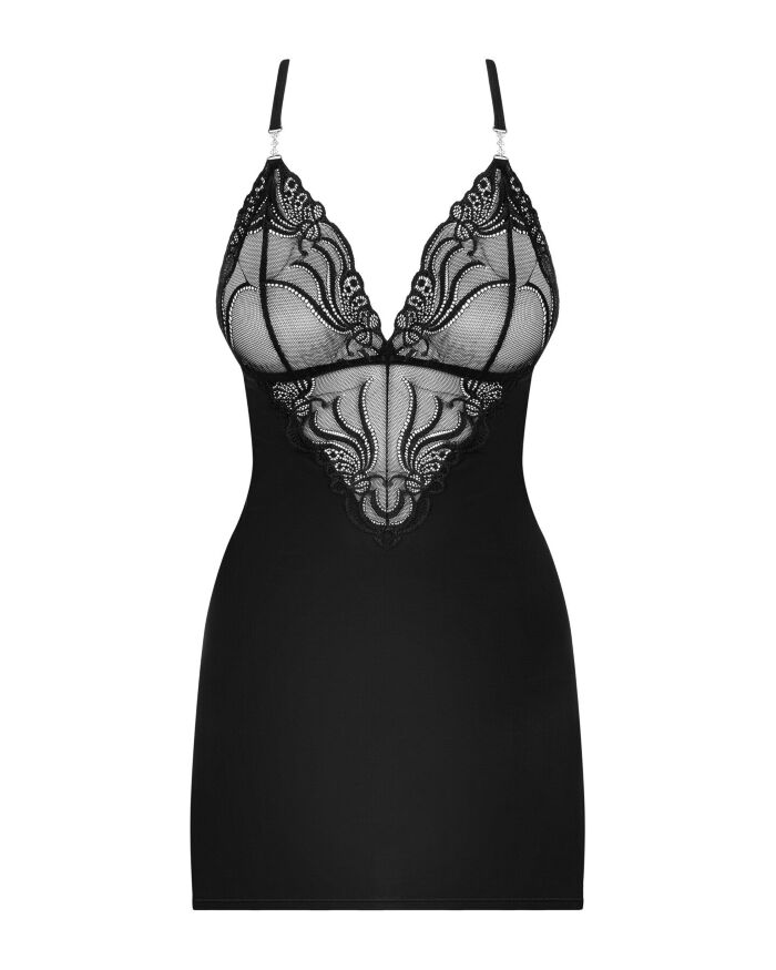 Сатиновий комплект для сну з мереживом Obsessive 828-CHE-1 chemise &amp; thong L/XL, чорний, сорочка