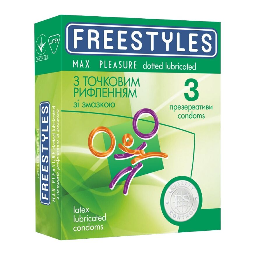 Презервативы латексные с точечным рельефом FREESTYLES со смазкой, 0.06 мм (цена за упаковку, 3 шт.)